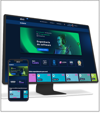 Um monitor e um celular com o alura plus aberto